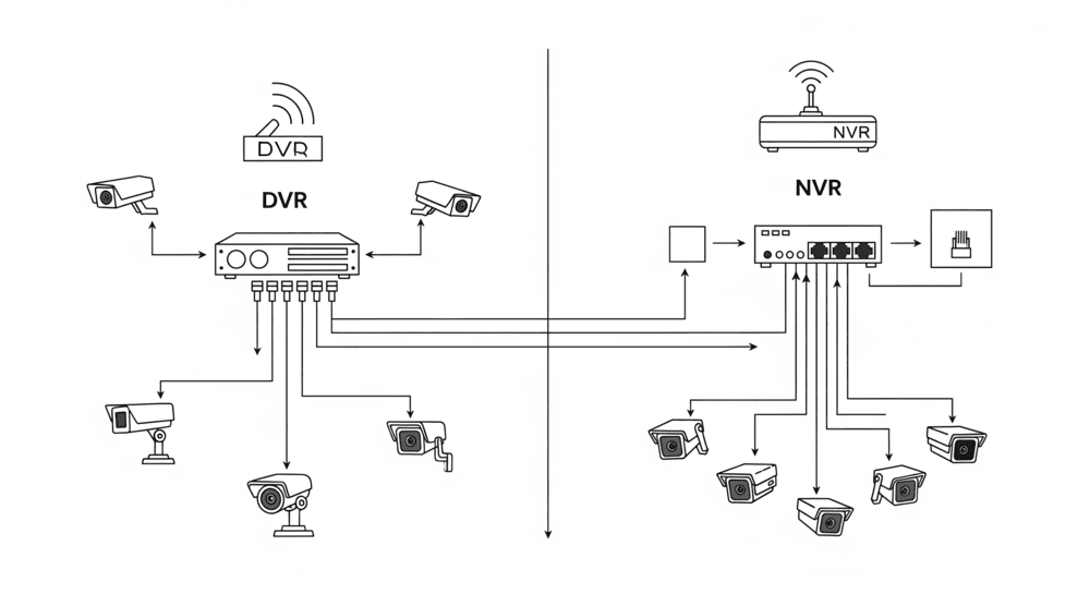 Как выбрать видеорегистратор (dvr/nvr) для системы видеонаблюдения: полное руководство 2025 3 Сравнение подключения dvr (камеры к регистратору по коаксиалу) и nvr (камеры и регистратор в общую сеть/свитч).