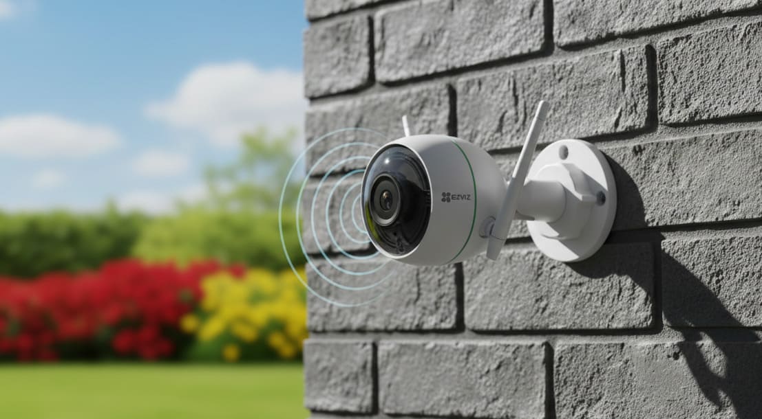 Ip камера ezviz c3wn 31 Крупный план встроенного микрофона на корпусе ezviz c3wn с полупрозрачными звуковыми волнами, идущими от него.