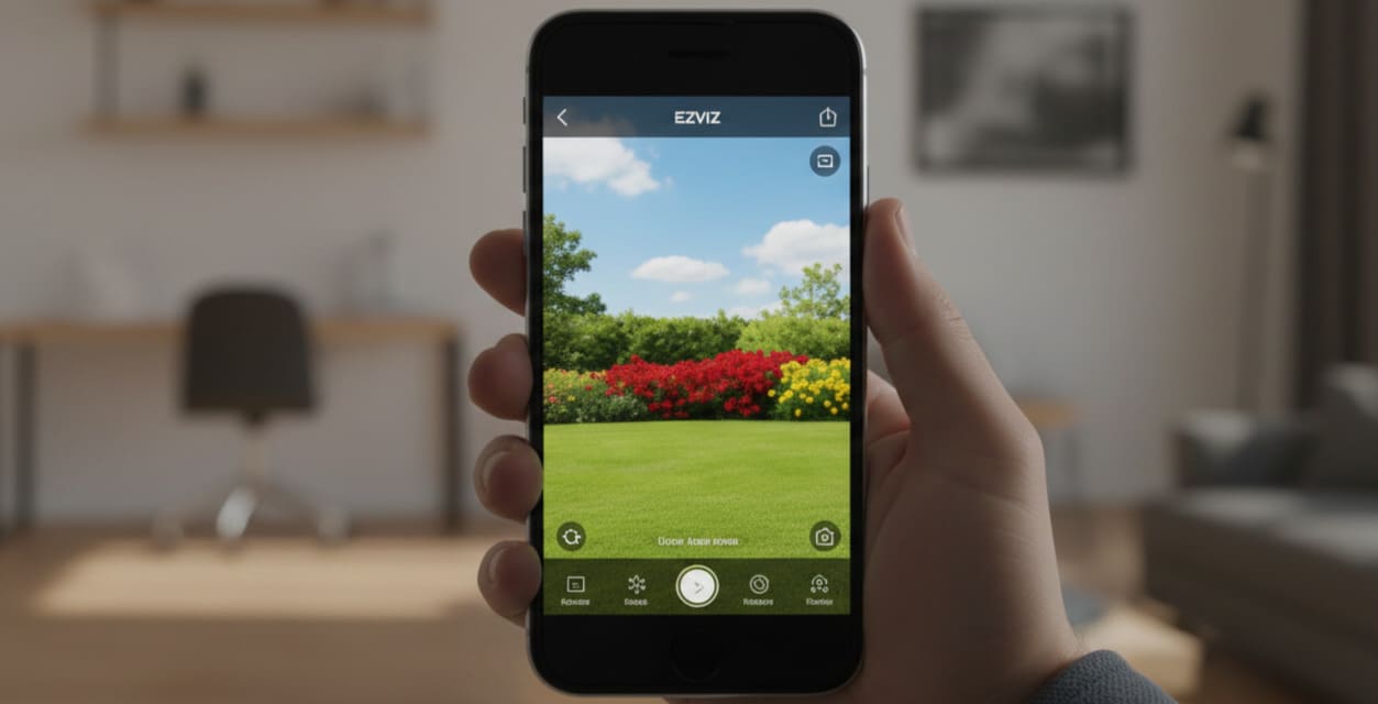 Ip камера ezviz c3wn 32 Рука держит смартфон, на экране которого отображается живой видеопоток с камеры ezviz c3wn через фирменное приложение.