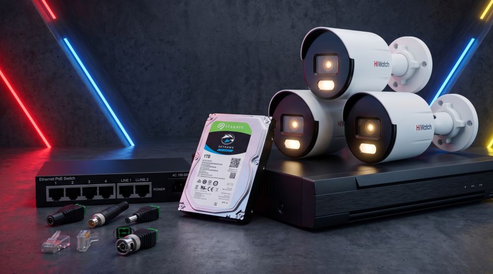 Комплект hiwatch на 3 ip камеры 2мп colorvu №2п 5 Комплект ip-видеонаблюдения hiwatch на 3 камеры 2мп colorvu №2п с видеорегистратором и жестким диском