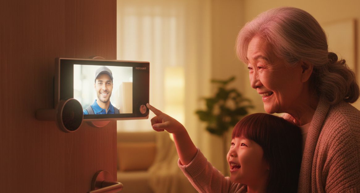 Видеоглазок дверной rexant (dv-114) с цветным lcd-дисплеем 3. 5", широкий угол обзора 120° 11 Ребенок и пожилой человек легко смотрят в экран видеоглазка