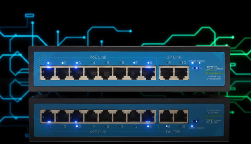 Свитч st-s85poe (2m/96w/а) pro (версия 3) 8 портов poe c watchdog защита от кз 1 Poe коммутатор st-s85poe (2m/96w/а) pro версия 3 на технологичном фоне
