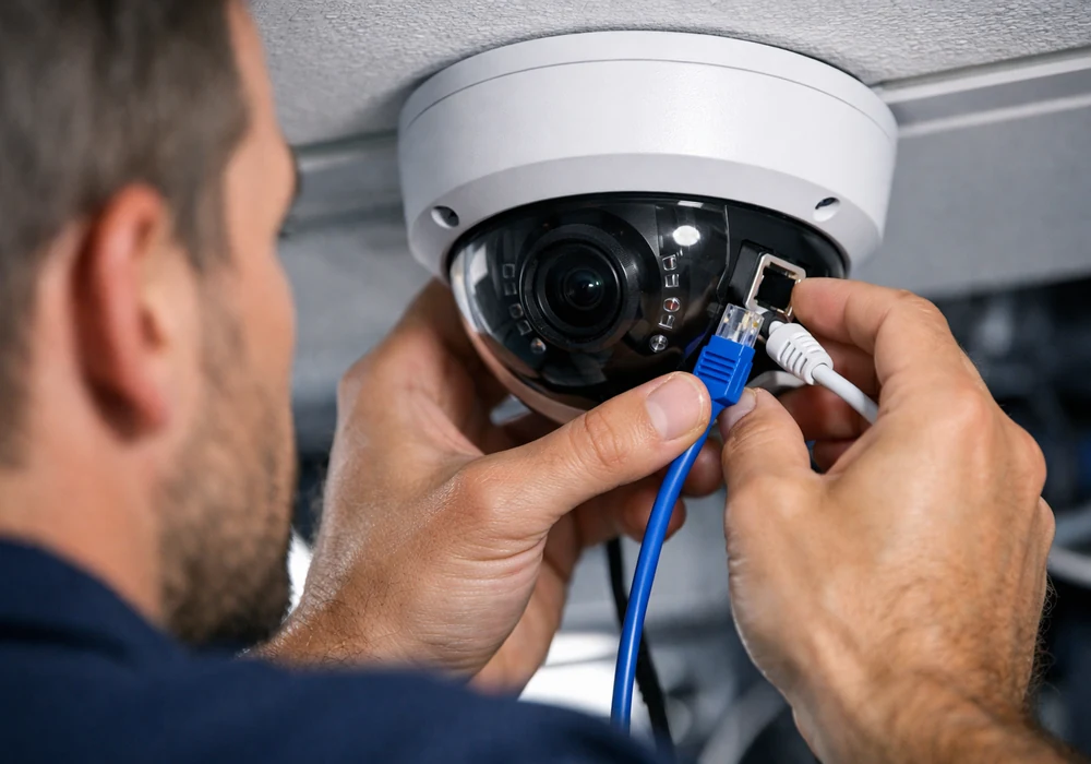 Не открывается веб-интерфейс ip-камеры? 10 причин и пошаговое решение | камера39 3 Мужчина проверяет сетевой кабель ip-камеры видеонаблюдения, решая проблему доступа