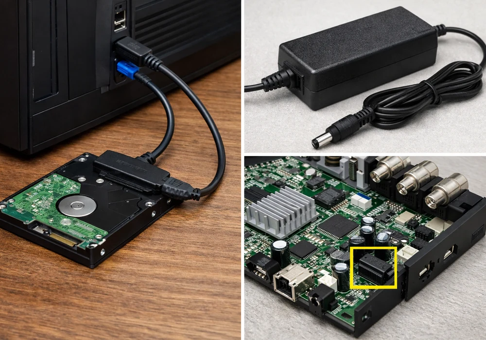 Видеорегистратор не видит жесткий диск (hdd): причины и что делать | камера39 5 Композиция: жесткий диск, подключенный к пк через usb-sata адаптер; внешний блок питания видеорегистратора с этикеткой характеристик 12v 2a; материнская плата регистратора с выделенным портом sata.