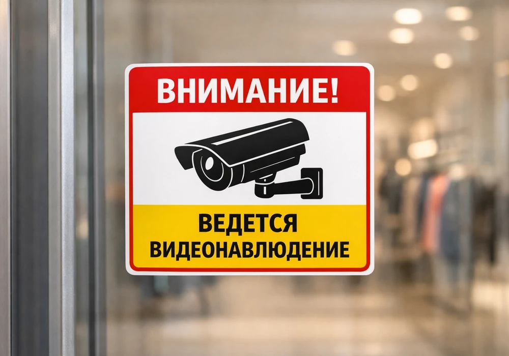 Можно ли установить камеру в магазине: закон, правила и штрафы в 2024 году 2 Хорошо читаемая табличка 'внимание! Ведется видеонаблюдение' с пиктограммой камеры на стеклянной двери магазина, фон нейтральный, текст контрастный.