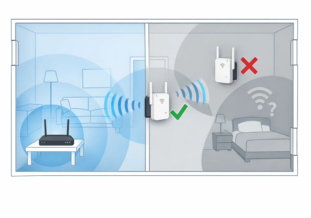 Как выбрать усилитель wi-fi для дома и квартиры: репитер, mesh или powerline 6 Схема, показывающая роутер, зону слабого сигнала (мертвая зона) и правильное размещение репитера на границе уверенного приема, в отличие от неправильного размещения в самой мертвой зоне