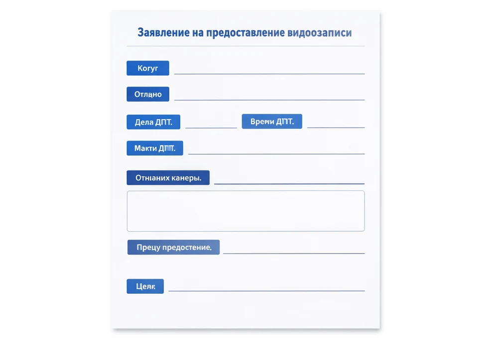 Как получить запись дтп с камеры видеонаблюдения: пошаговая инструкция 3 Стилизованный пример письменного запроса на предоставление видеозаписи с выделенными полями: кому, от кого, дата и время события, место, прошу предоставить.