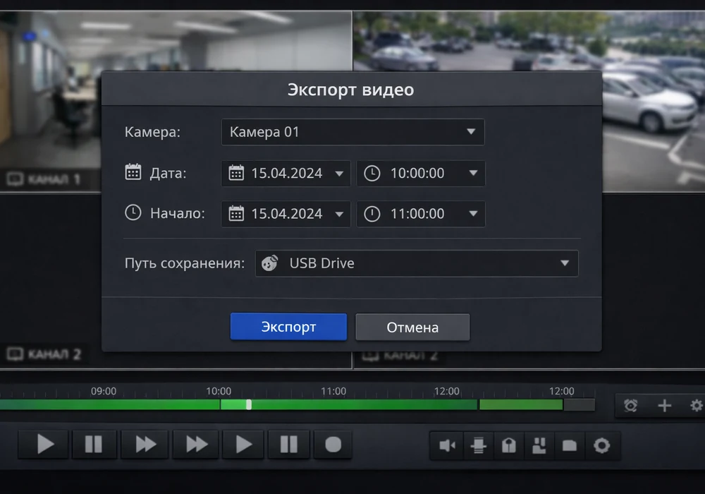 Как получить запись дтп с камеры видеонаблюдения: пошаговая инструкция 4 Экран интерфейса видеорегистратора с открытым меню экспорта видео, где выбраны дата, время начала и окончания фрагмента, а также указан путь сохранения на usb-накопитель