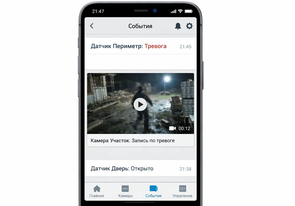 Как защитить стройматериалы на стройке: 3 способа охраны | камера39 4 Интерфейс мобильного приложения, показывающий тревожное событие от датчика периметра и превью видеозаписи с камеры, сделанной в момент тревоги.