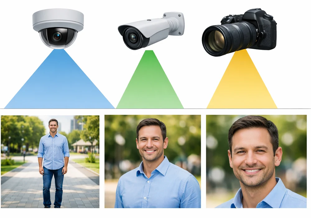 Сравнение объективов computar, fujinon и tamron для cctv: как выбрать лучший 5 Инфографика, показывающая изменение угла обзора и детализации в зависимости от фокусного расстояния объектива: 2. 8 мм (широкий план), 8 мм (средний план), 50 мм (крупный план человека).
