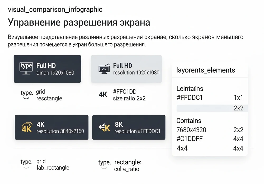 8k видеонаблюдение: стоит ли переходить сейчас? Плюсы, минусы и реальные требования 2 Инфографика, сравнивающая площади прямоугольников, обозначающих разрешения full hd (1920x1080), 4k (3840x2160) и 8k (7680x4320), показывающая, как несколько экранов меньшего разрешения помещаются в один экран большего.