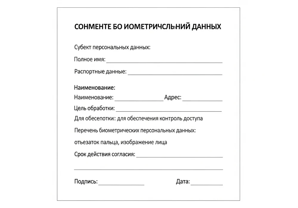 Хранение биометрии в скуд по 152-фз: требования, согласие и штрафы 2 Пример обезличенной структуры документа 'согласие на обработку биометрических персональных данных' с выделенными обязательными полями: фио, паспортные данные, цель, перечень данных, срок, подпись.