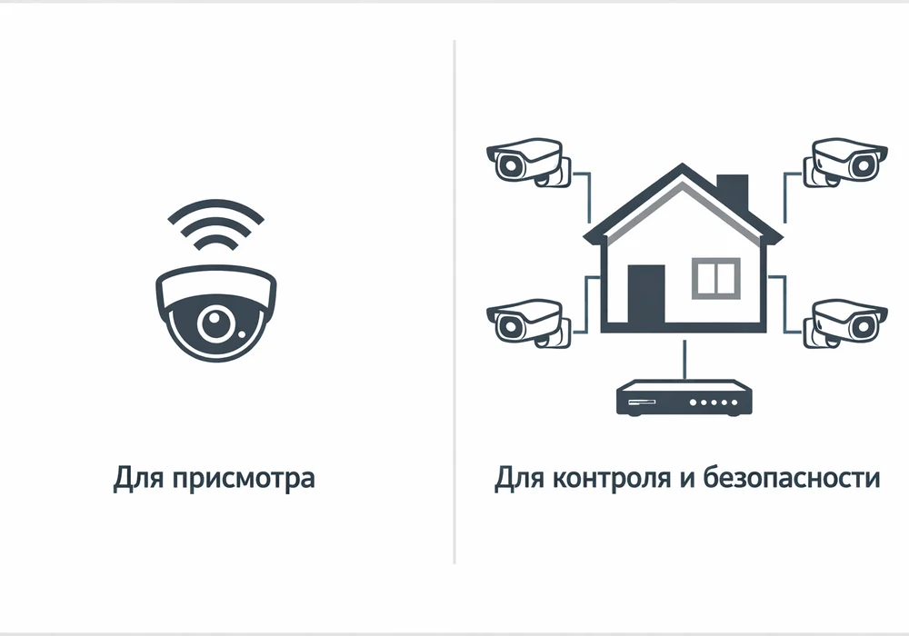 Камера за 3000 или система за 60000: как выбрать видеонаблюдение для дома в калининграде 2 Сравнительная инфографика: одна wi-fi камера для присмотра и схема системы из 4 ip-камер с видеорегистратором для контроля и безопасности.