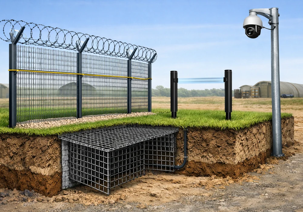 Система безопасности склада боеприпасов: от проекта по нормативам до интеграции | камера39 3 Инфографика, показывающая срез многоуровневого ограждения периметра склада. Видно основное ограждение с козырьковым заграждением, заглубленную противоподкопную сетку, вибрационный кабель на заборе, радиоволновой датчик (лучевой) вдоль линии ограждения и поворотную ptz-камеру на мачте для визуального контроля.