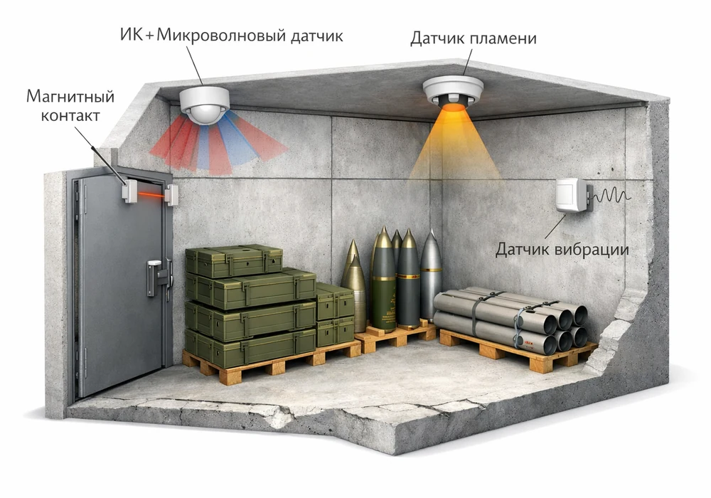 Система безопасности склада боеприпасов: от проекта по нормативам до интеграции | камера39 6 Схематичное изображение разреза хранилища боеприпасов, показывающее размещение различных типов извещателей: магнитоконтактный на двери, объемный в углу комнаты, вибрационный на стене, и извещатель пламени на потолке. Все датчики подписаны.