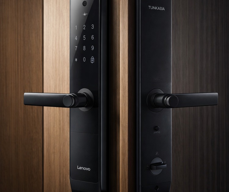 Умный дверной замок lenovo e3 pro black / coffee gold 1 Умный врезной замок lenovo e3 pro чёрного цвета на входной двери